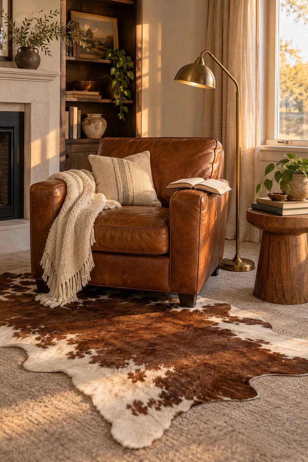 Cowhide rug angled under a reading chair on greige carpet