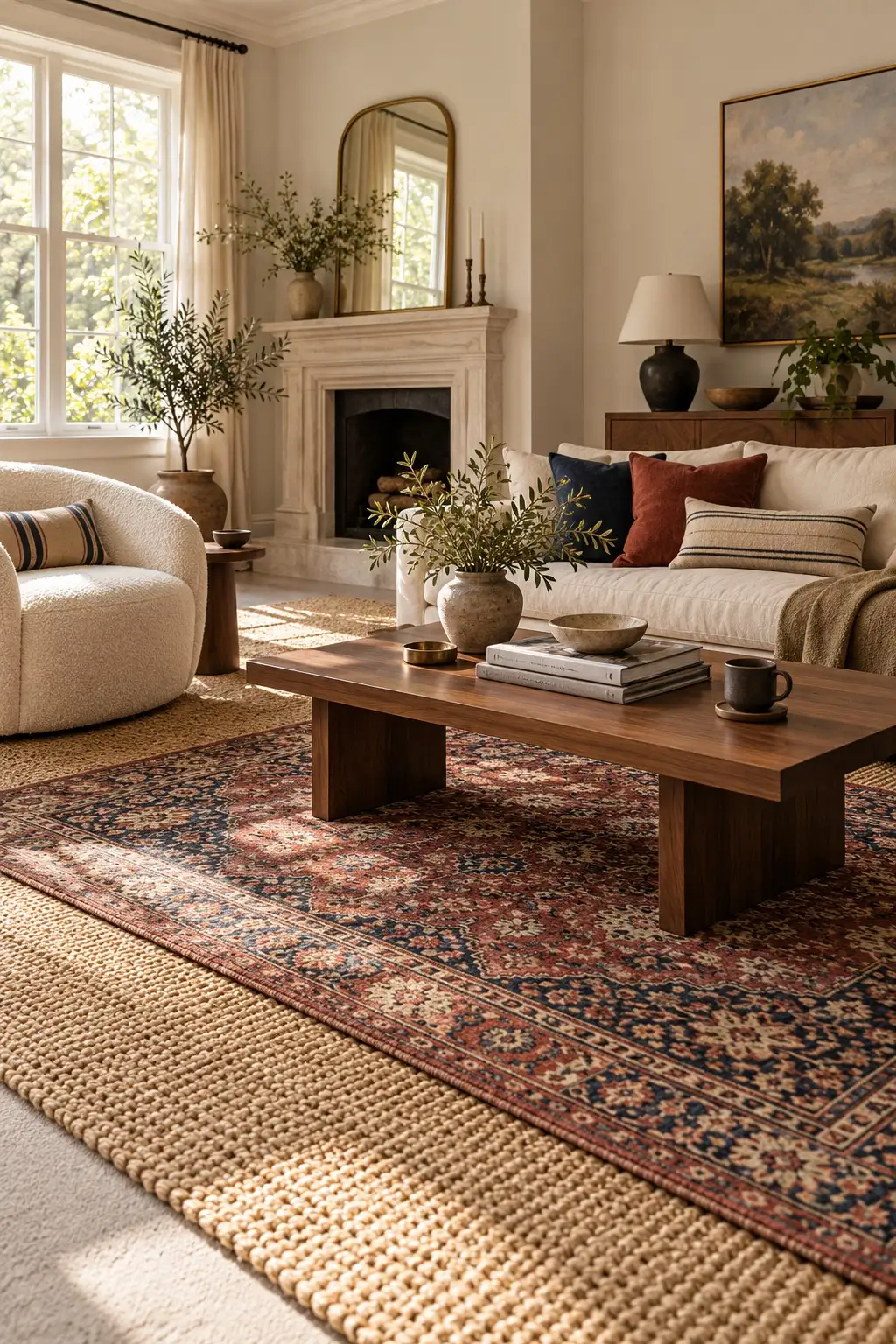 Patterned rug layered on a large jute rug over greige carpet