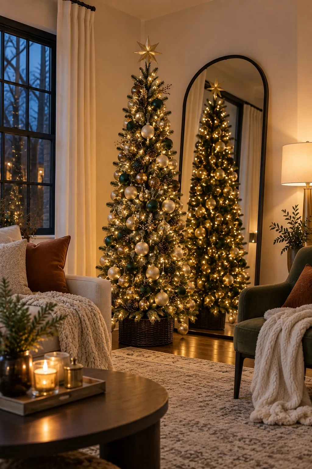 Slim Christmas tree in front of a leaning arched mirror that doubles its lights