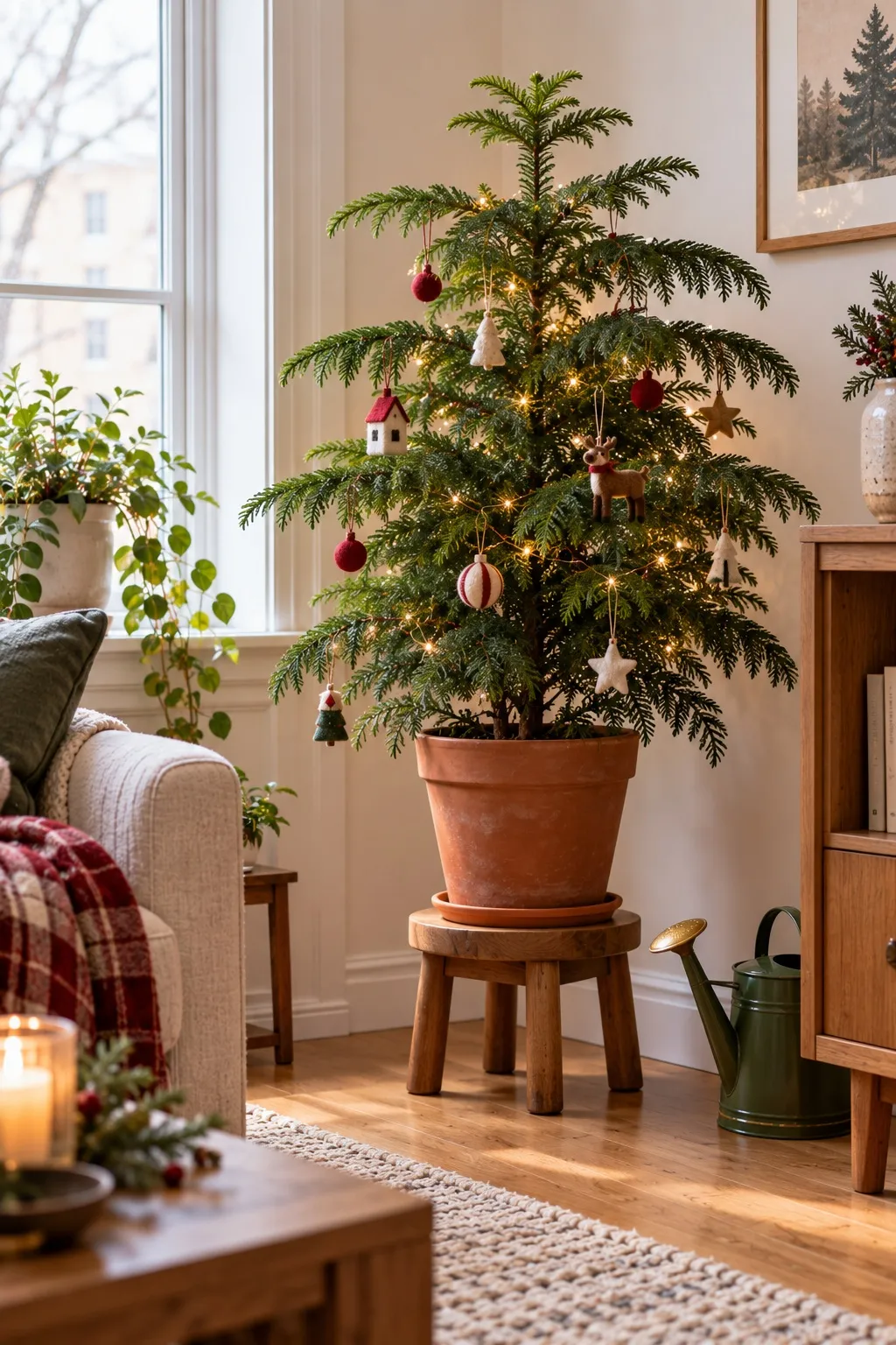 Norfolk Island pine decorated as a small Christmas tree on a plant stand