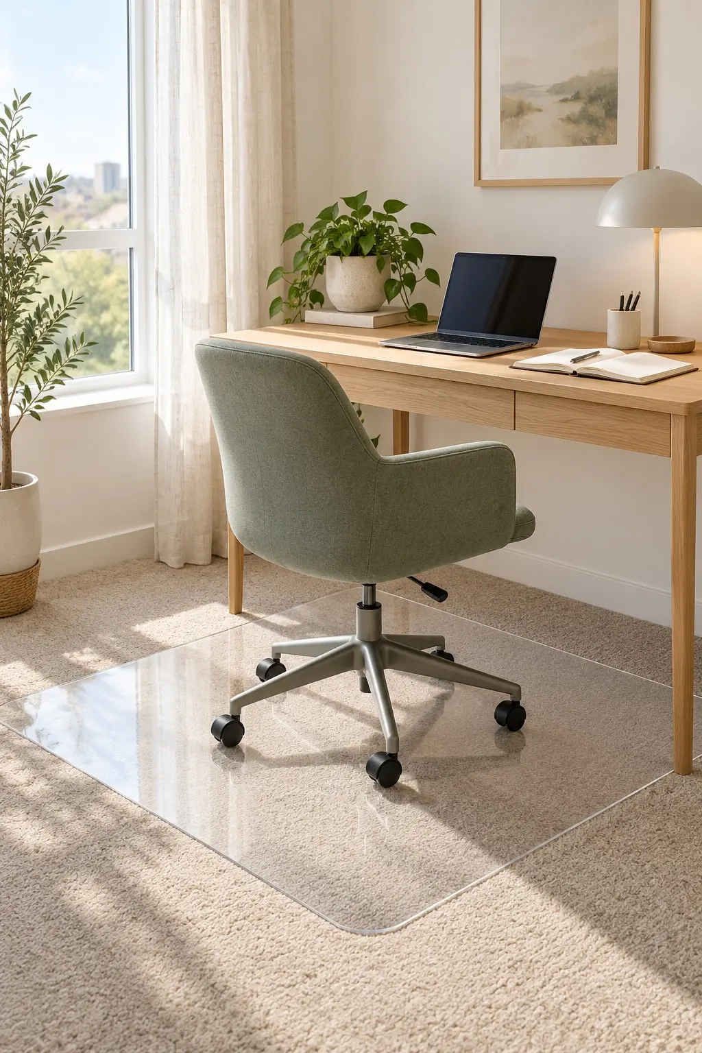 Clear chair mat protecting greige carpet under an office chair