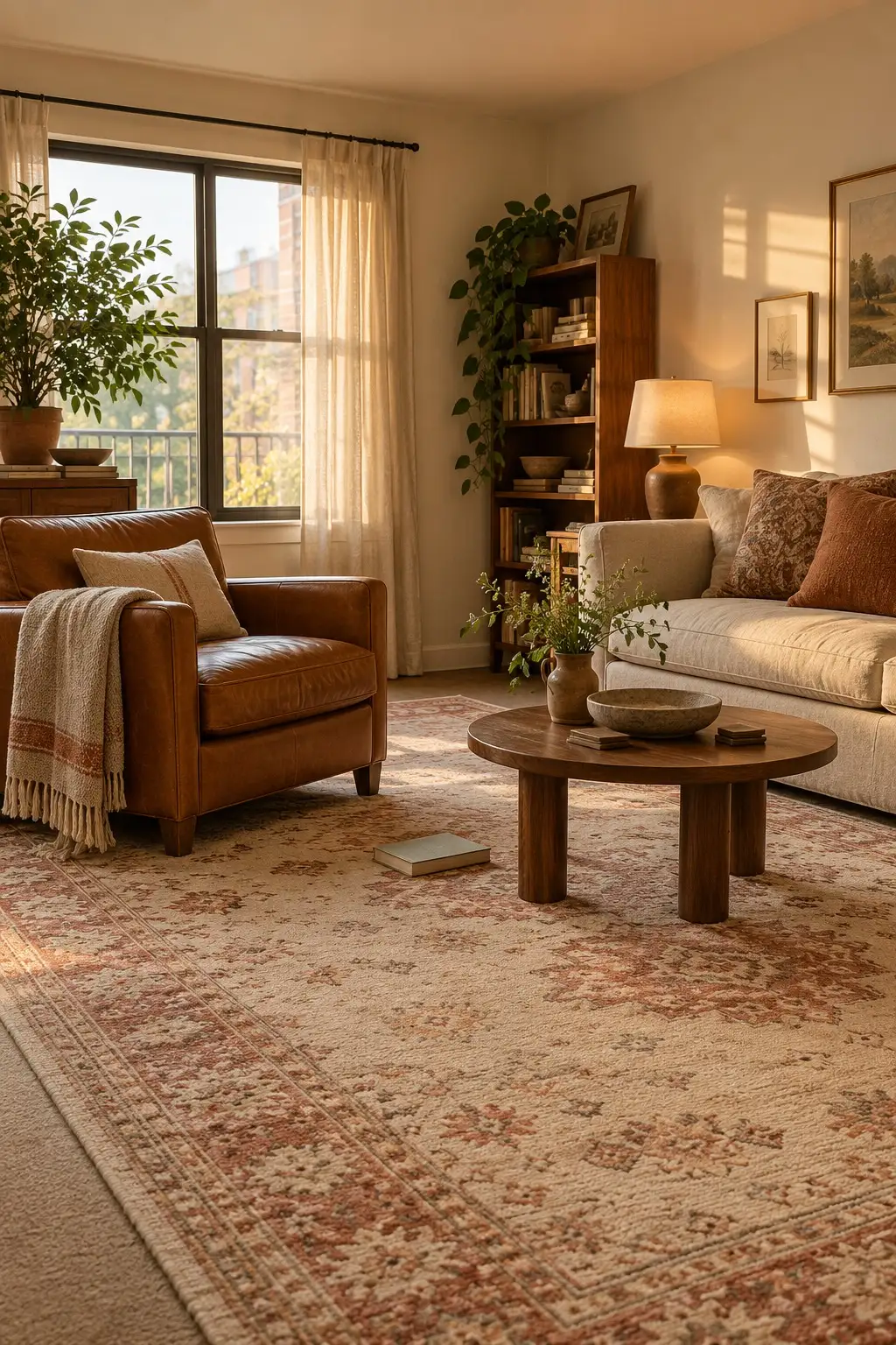 Oversized flat-weave rug covering most of a tan carpet in a small apartment living room