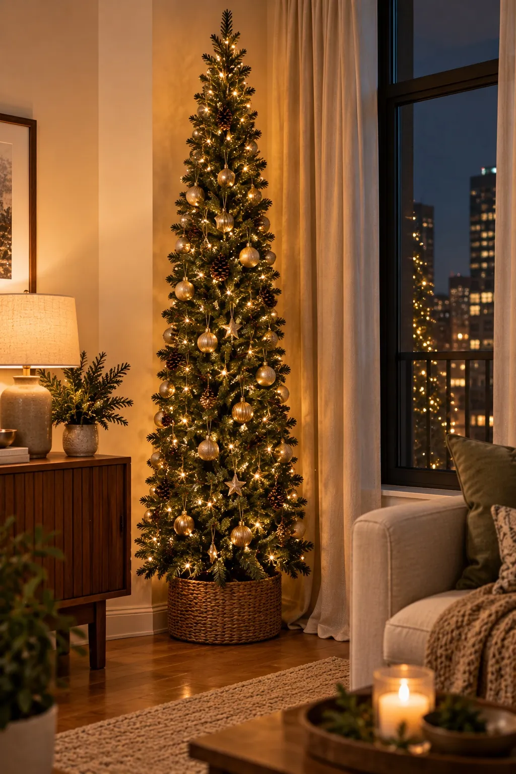 Tall pencil Christmas tree in a narrow corner beside a curtained window