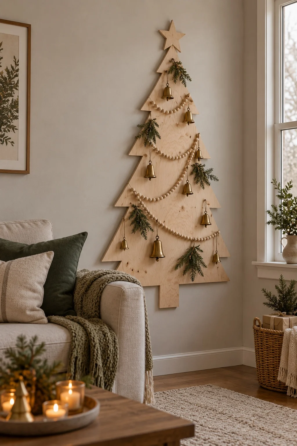 Flat plywood wall Christmas tree with brass bells hung beside a linen sofa