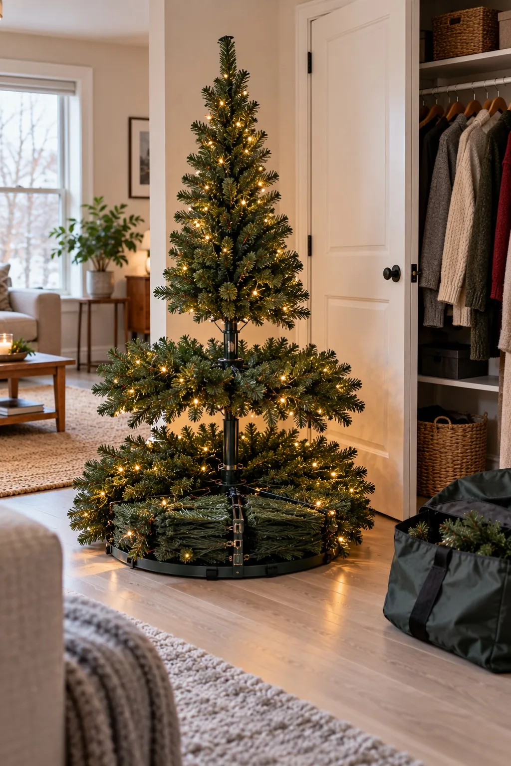 Pop-up Christmas tree being raised from its flat folded base beside a closet
