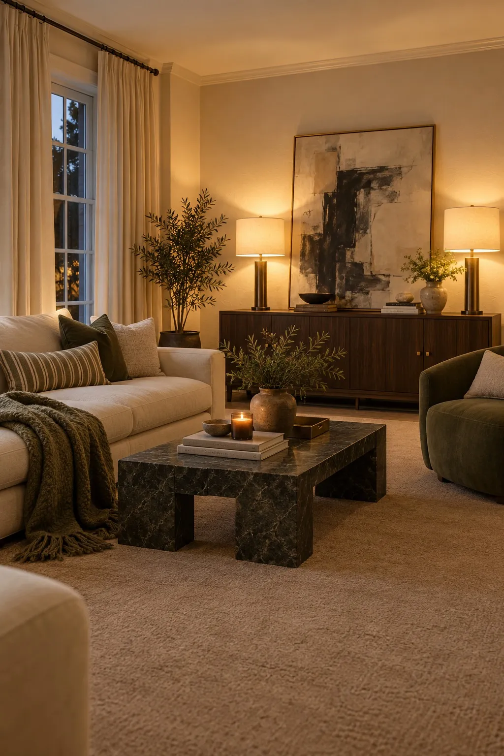 Tall curtains, large art and lamps drawing attention away from tan carpet