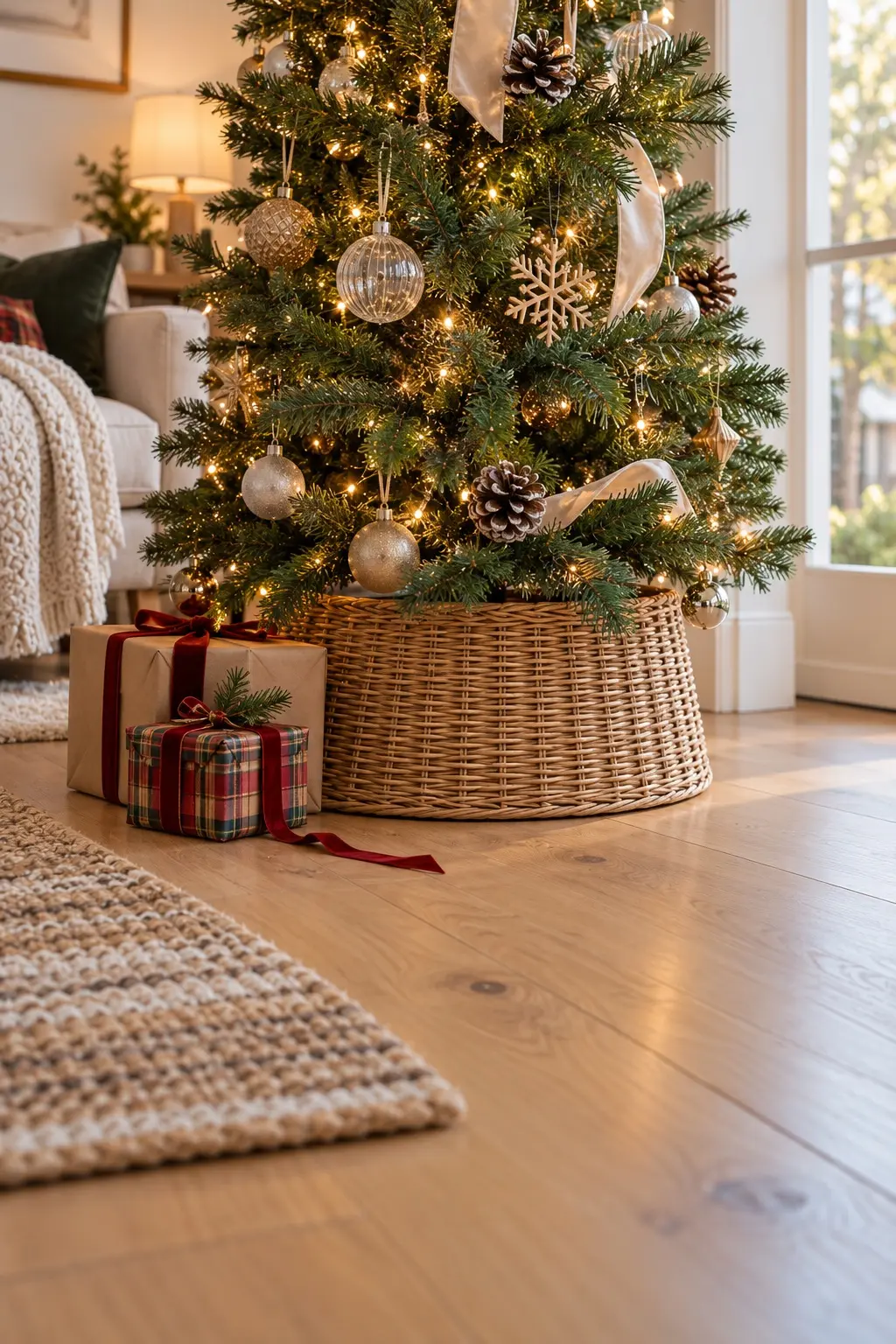 Rattan tree collar around a slim tree base keeping the floor clear