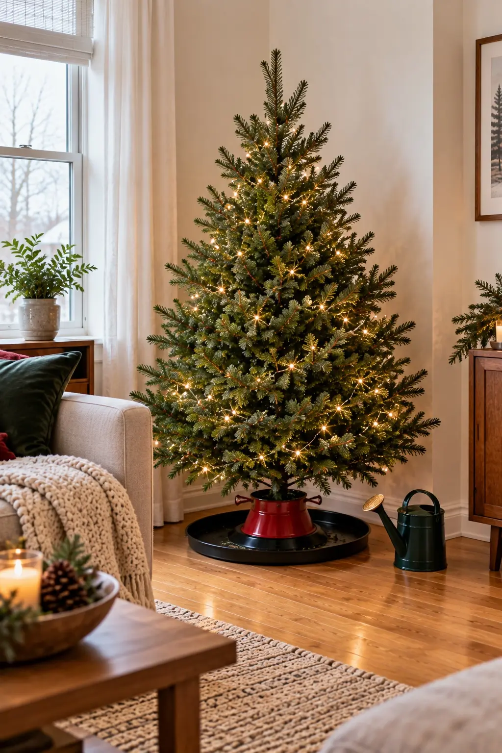 Real Fraser fir in a water stand on a protective tray in an apartment