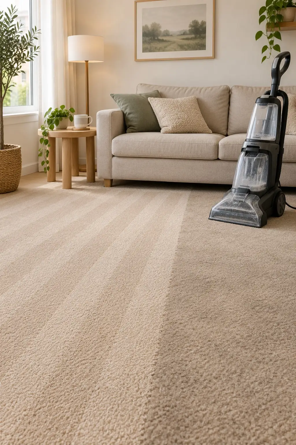 Rented carpet cleaner beside a half-cleaned beige carpet in a small apartment living room