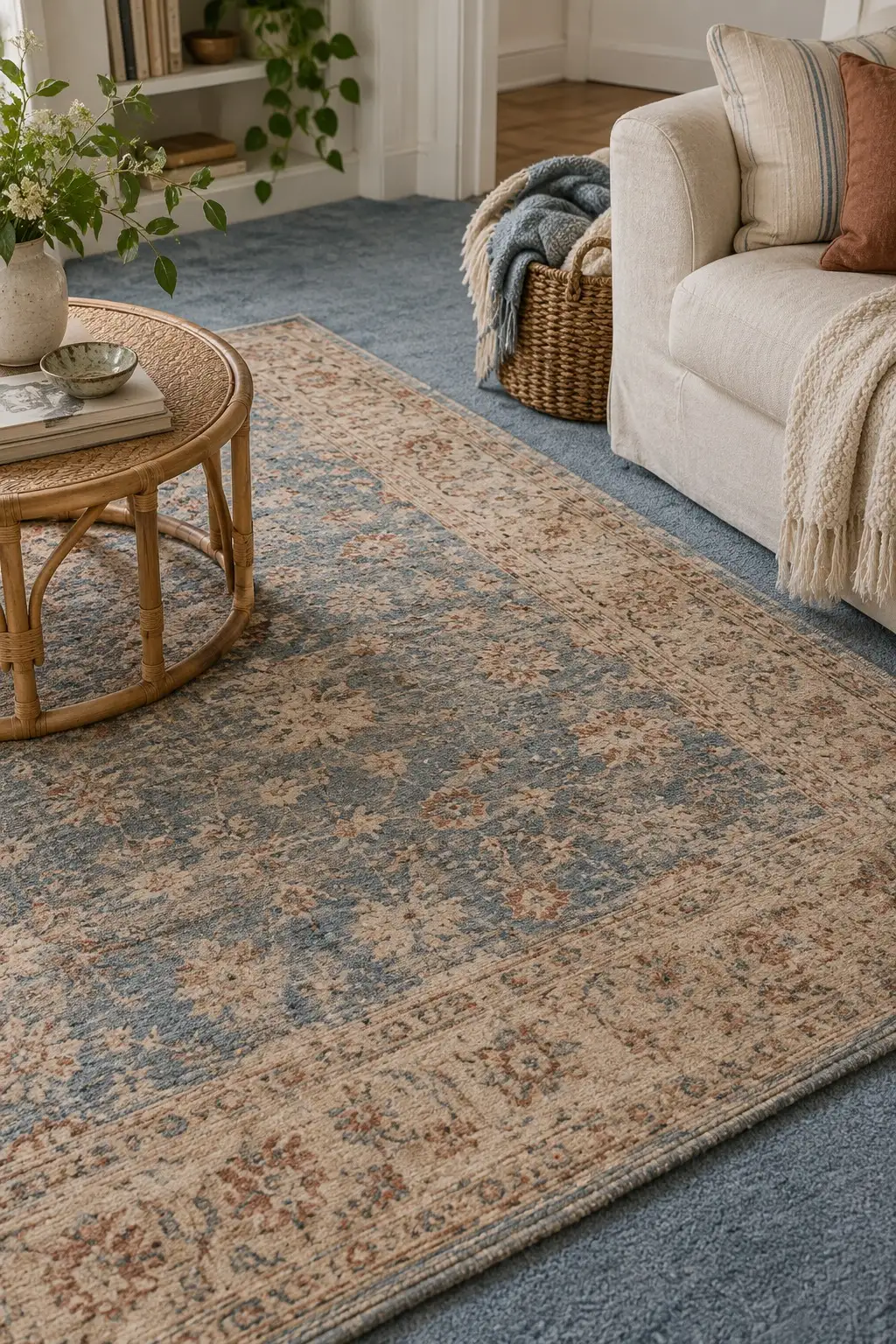 Vintage rug repeating the dusty blue of an old carpet in a living room