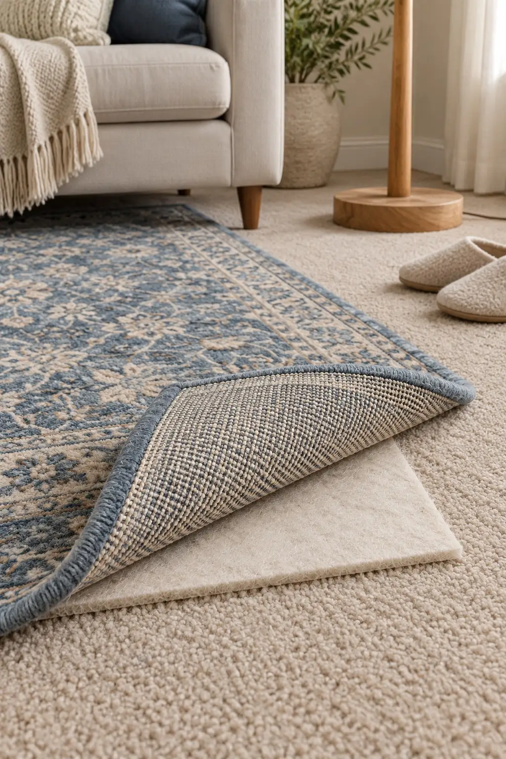 Rug folded back to show a gripper pad on beige carpet