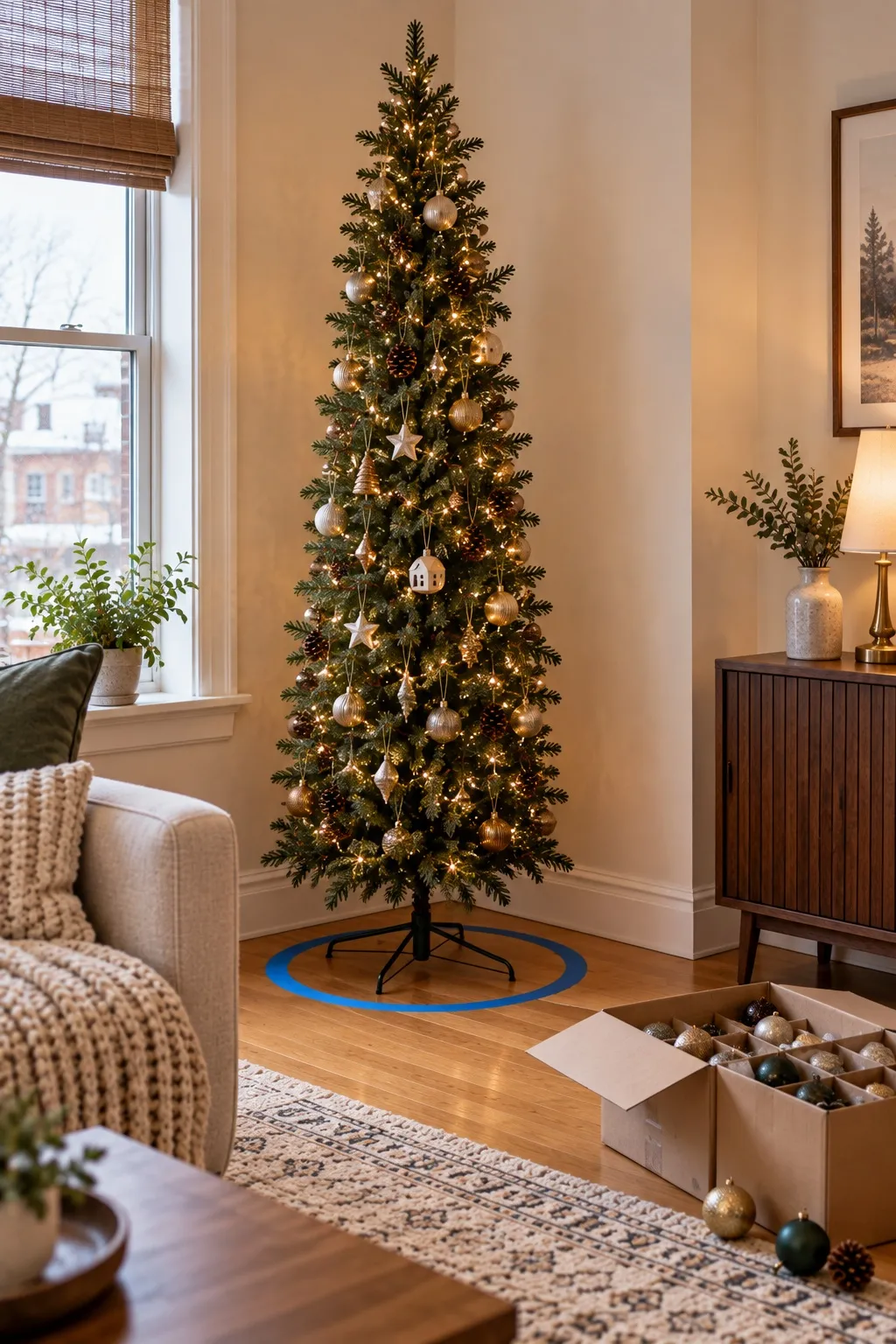 Slim Christmas tree in a corner with a painter's tape circle marking its footprint