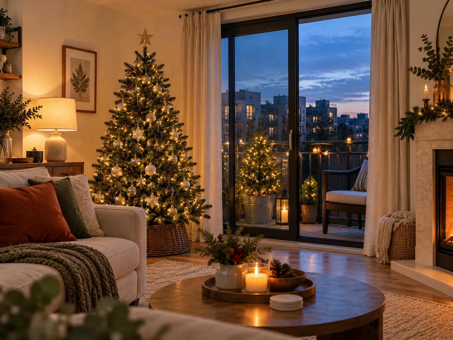 Warm-white fairy lights shaped into a Christmas tree outline on a bare apartment wall
