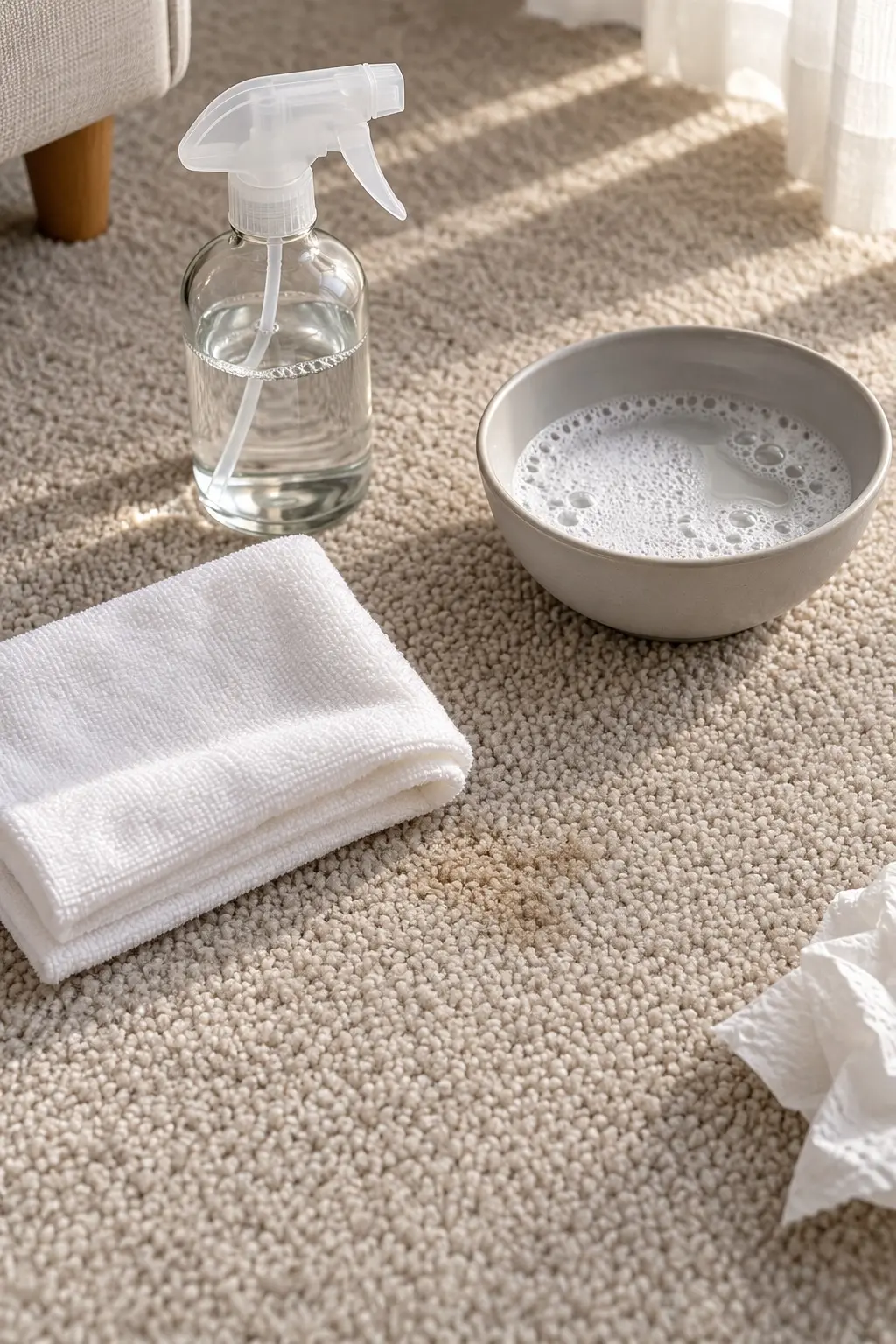 White cloth blotting a small stain on light greige rental carpet