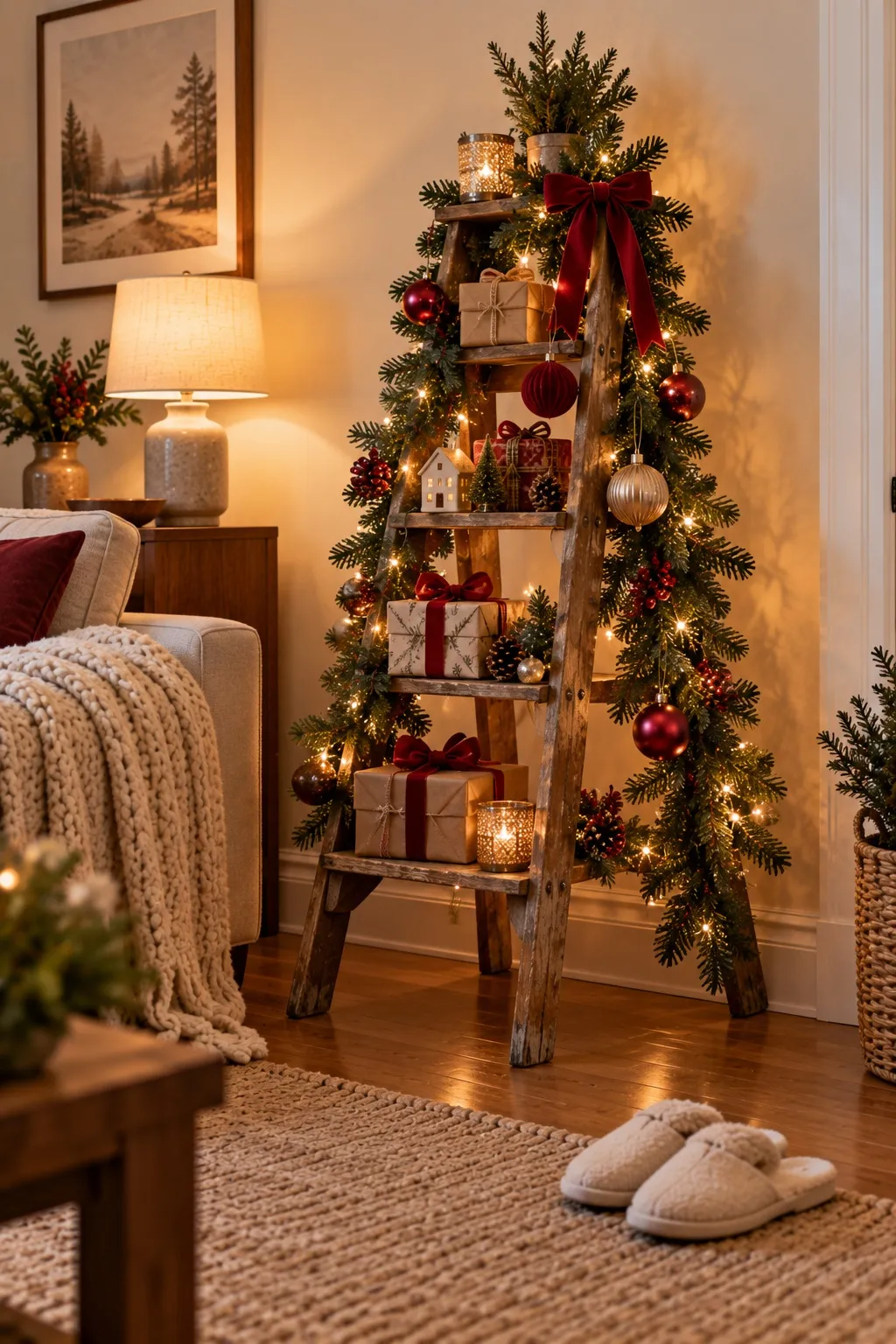 Wooden stepladder decorated with garland, lights and gifts as a Christmas tree