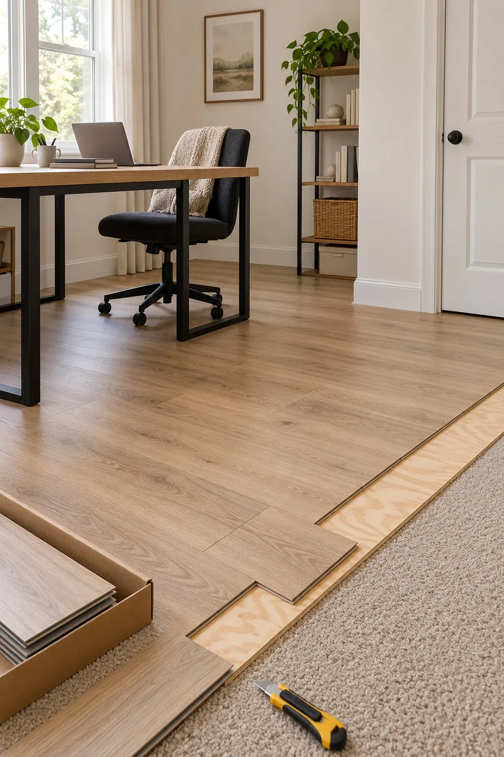 Oak-look vinyl planks on thin plywood laid over beige carpet in a small rental office