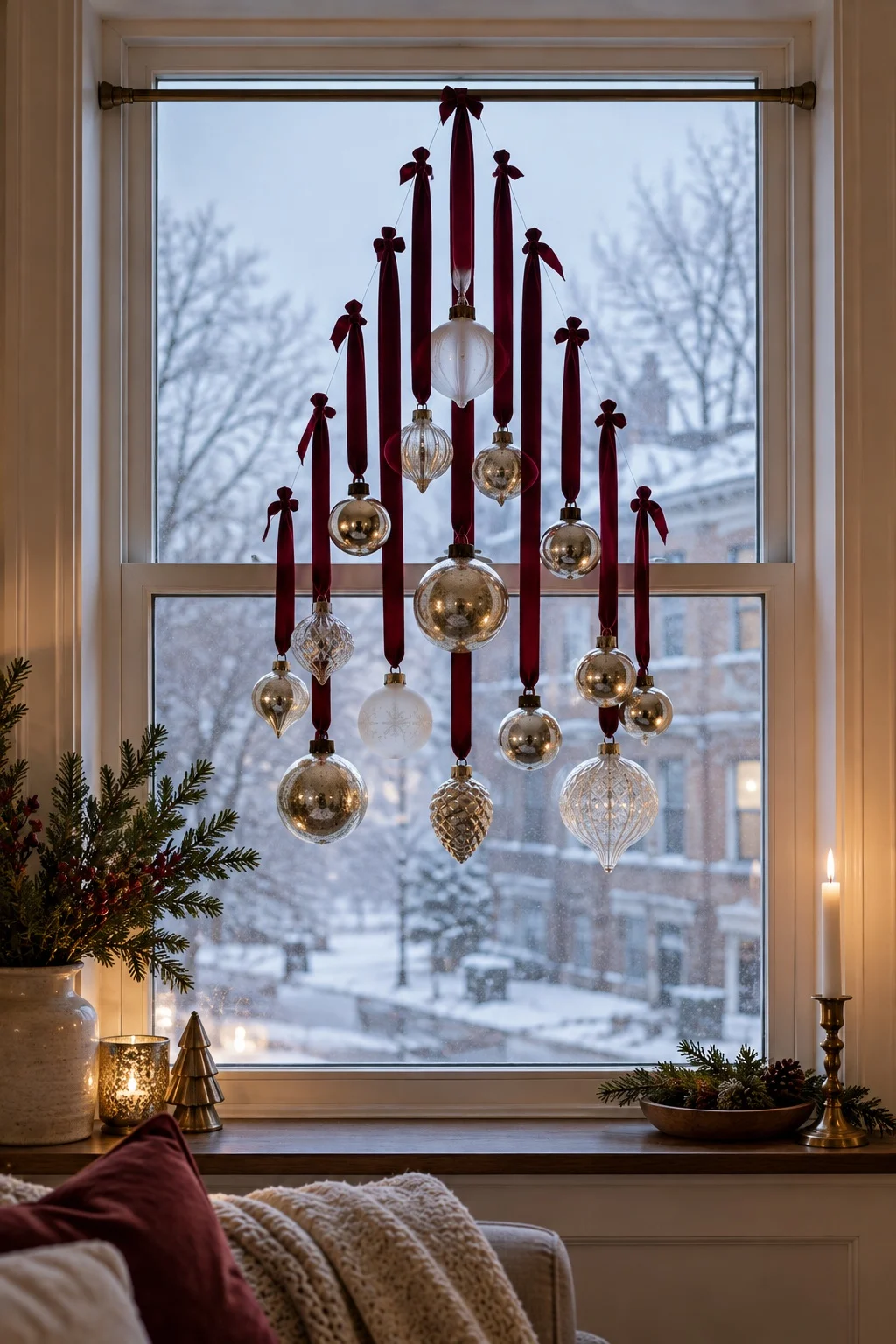 Ornaments on burgundy velvet ribbons hanging from a tension rod inside a window