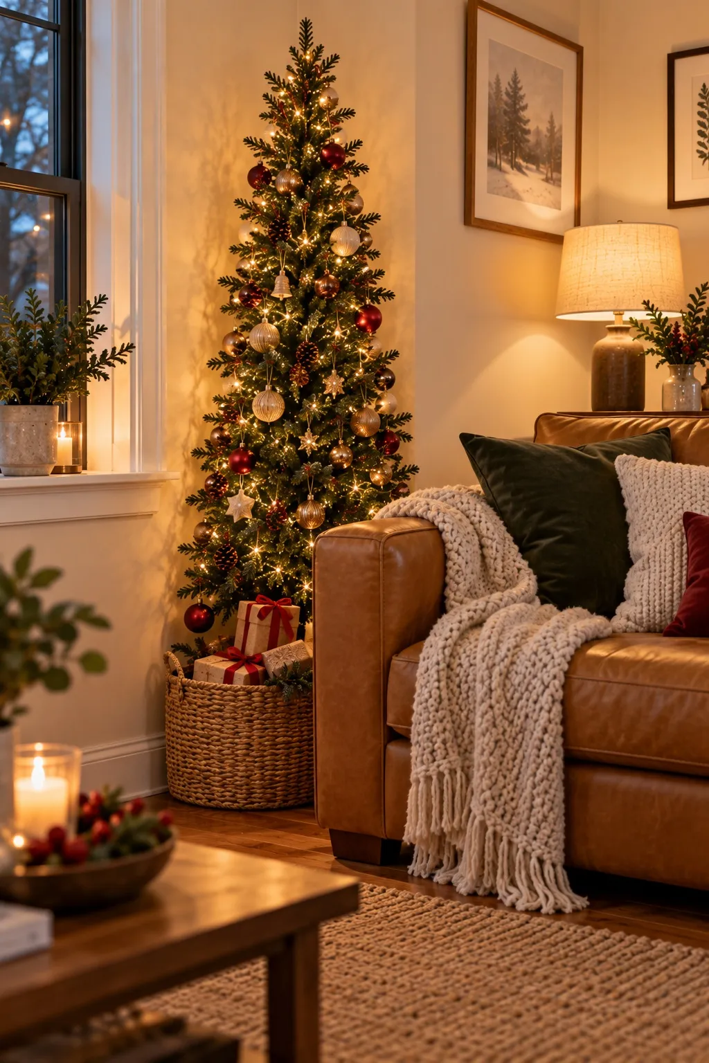 Slim Christmas tree in the corner behind a camel leather sofa arm