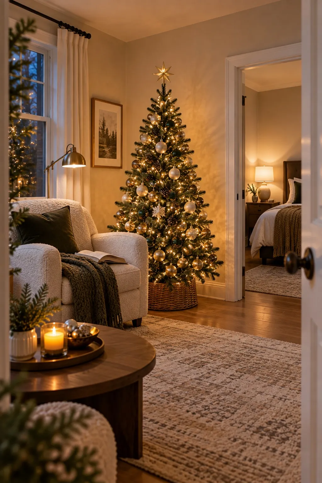 Christmas tree placed where a side table used to stand beside a boucle armchair
