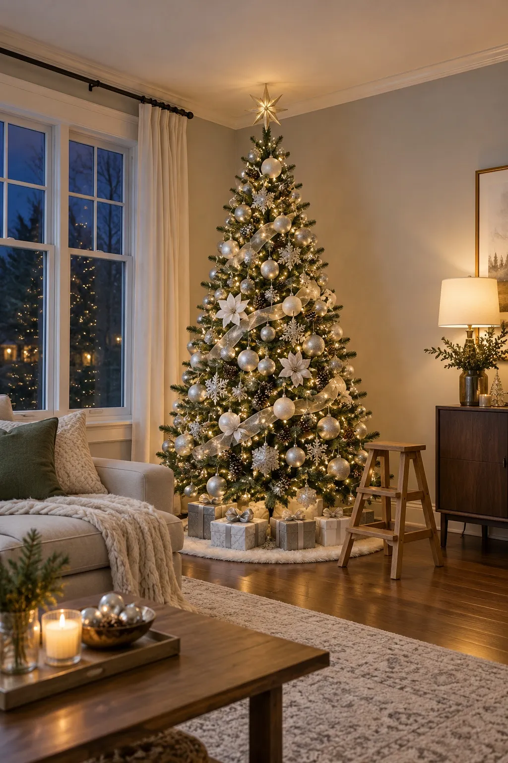 Christmas tree sized to fit under an 8-foot apartment ceiling with its star