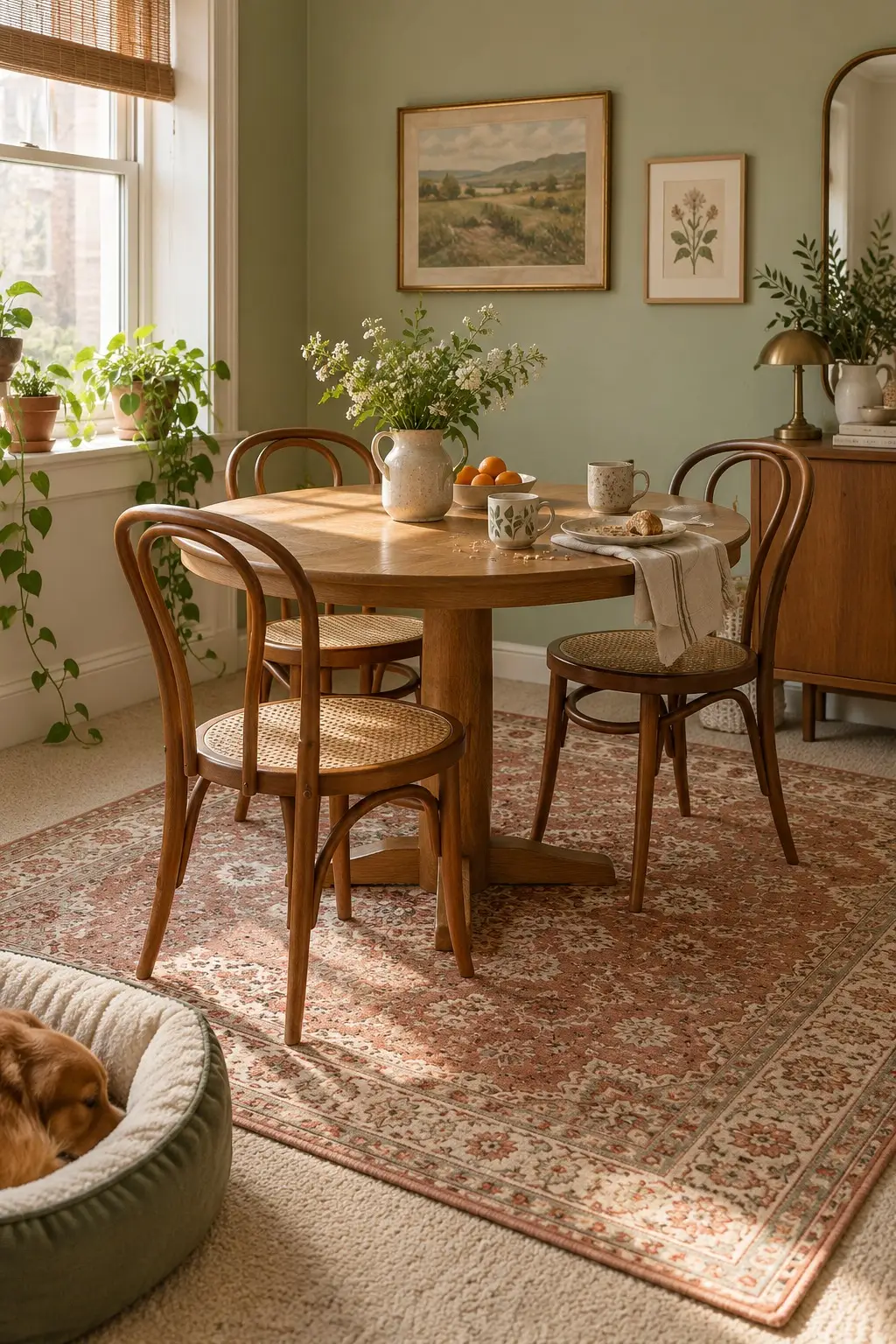 Washable patterned rug under a small dining table on beige carpet